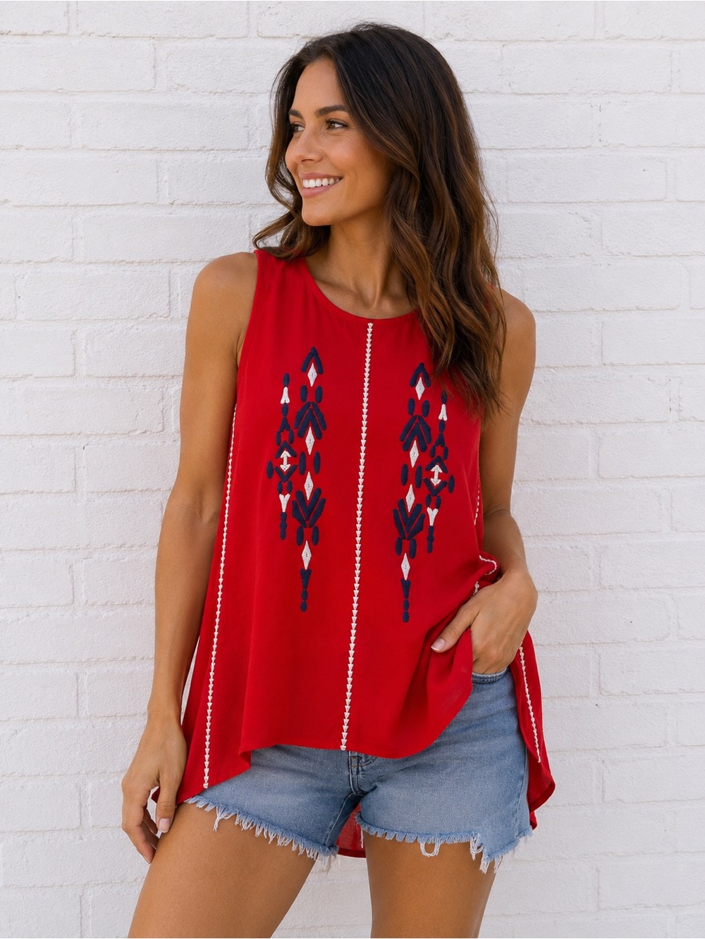 Anthropologie THML Red Embroidered Open Back Sleeveless Tunic Top Large Boho